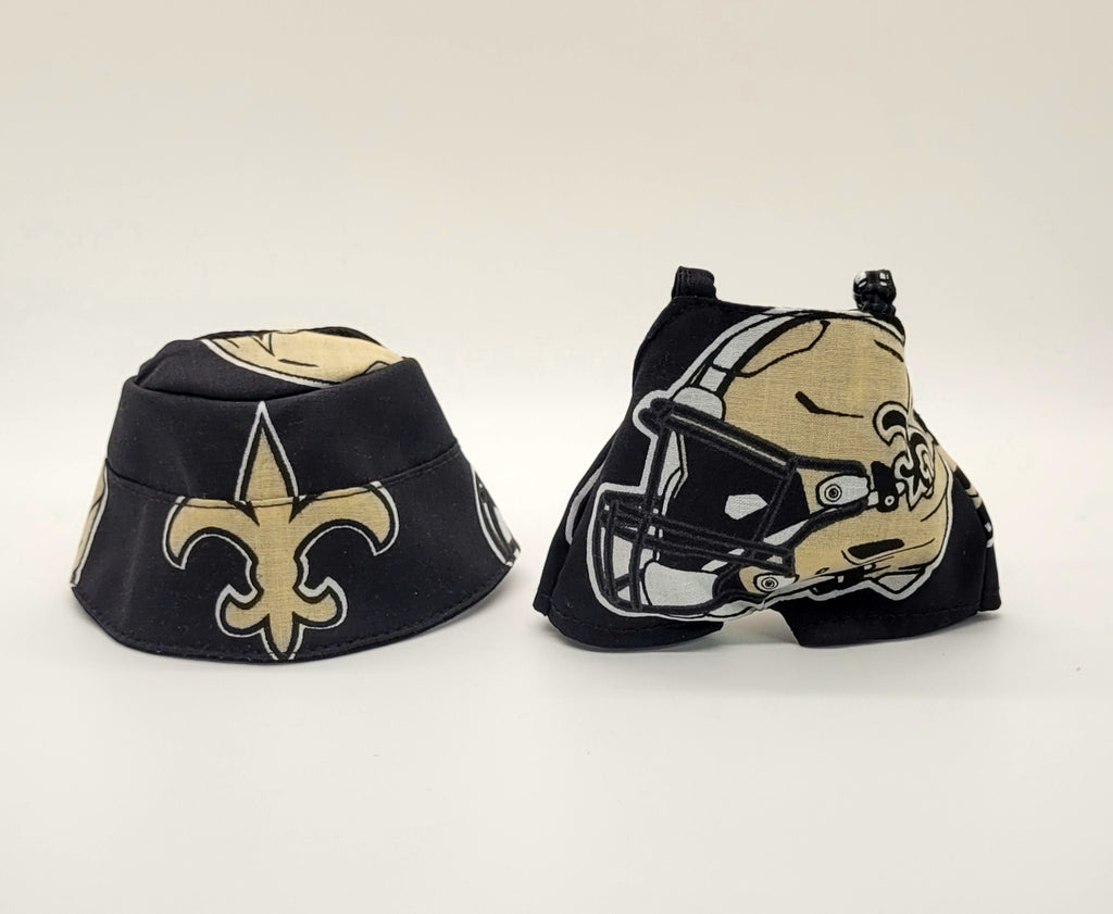 Handmade Mini Jumpsuit with Bucket Hat – New Orleans SAINTS - Fits 15–17 cm or Dress and Bow Collectible Dolls