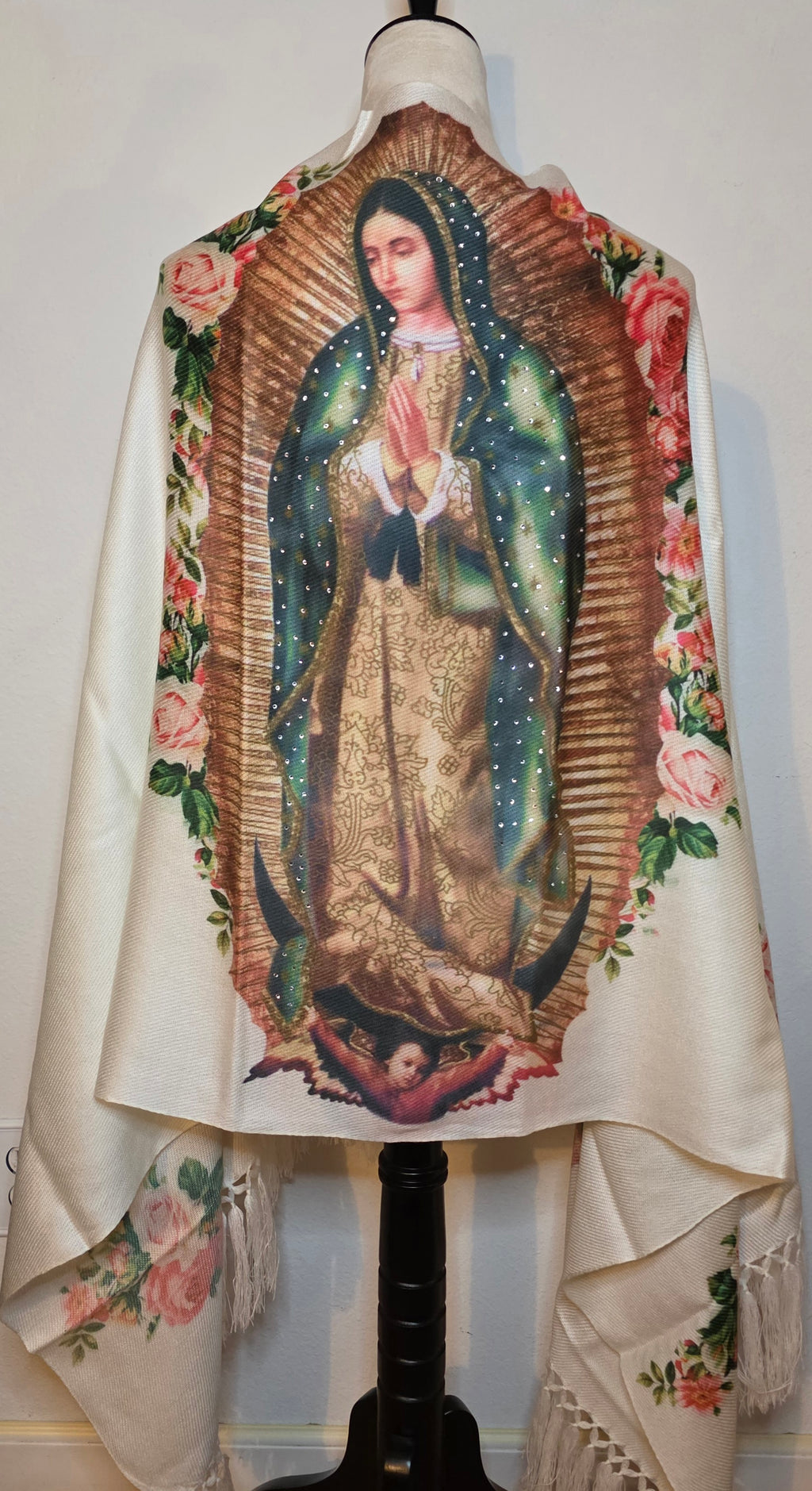 Virgin of Guadalupe Shawl with Hand-Placed Rhinstones | Handmade Mexican Rebozo, Elegant Religious Wrap