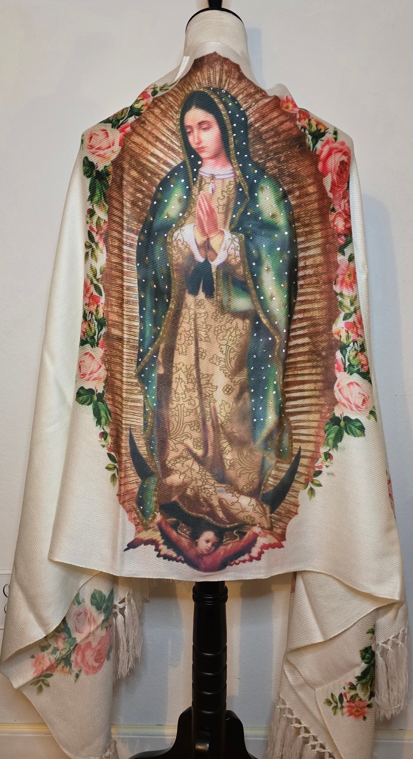Virgin of Guadalupe Shawl with Hand-Placed Rhinstones | Handmade Mexican Rebozo, Elegant Religious Wrap
