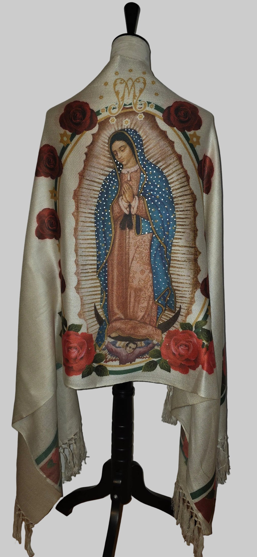 Virgin of Guadalupe Shawl with Hand-Placed Rhinstones | Handmade Mexican Rebozo, Elegant Religious Wrap