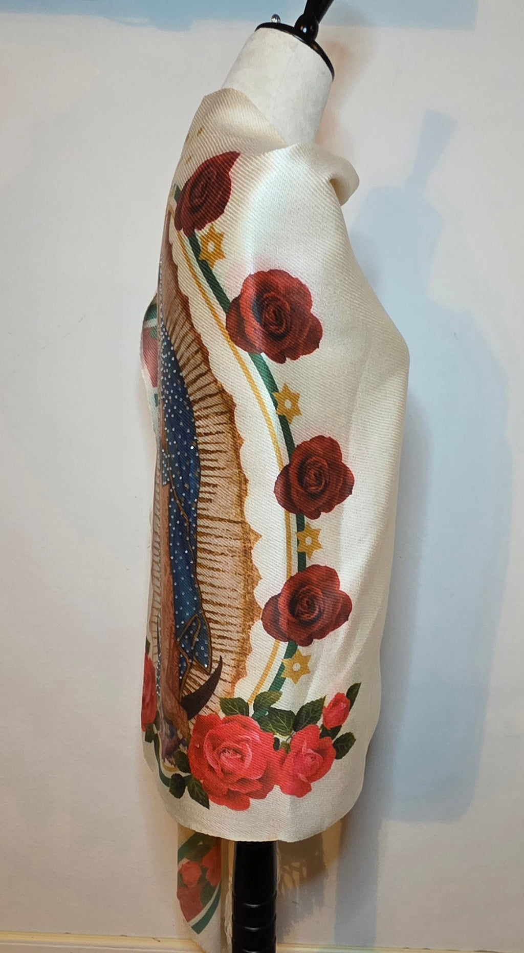 Virgin of Guadalupe Shawl with Hand-Placed Rhinstones | Handmade Mexican Rebozo, Elegant Religious Wrap