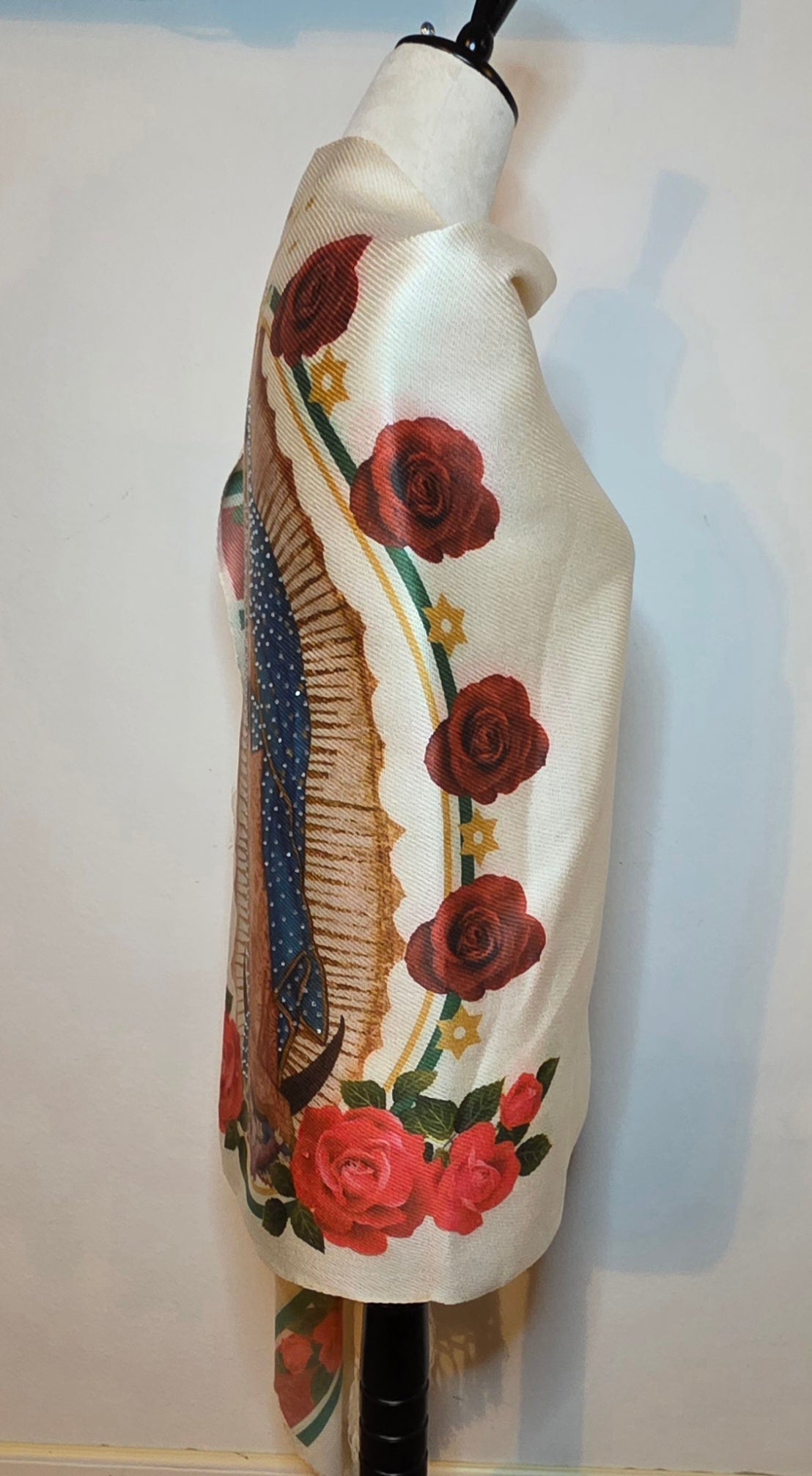 Virgin of Guadalupe Shawl with Hand-Placed Rhinstones | Handmade Mexican Rebozo, Elegant Religious Wrap