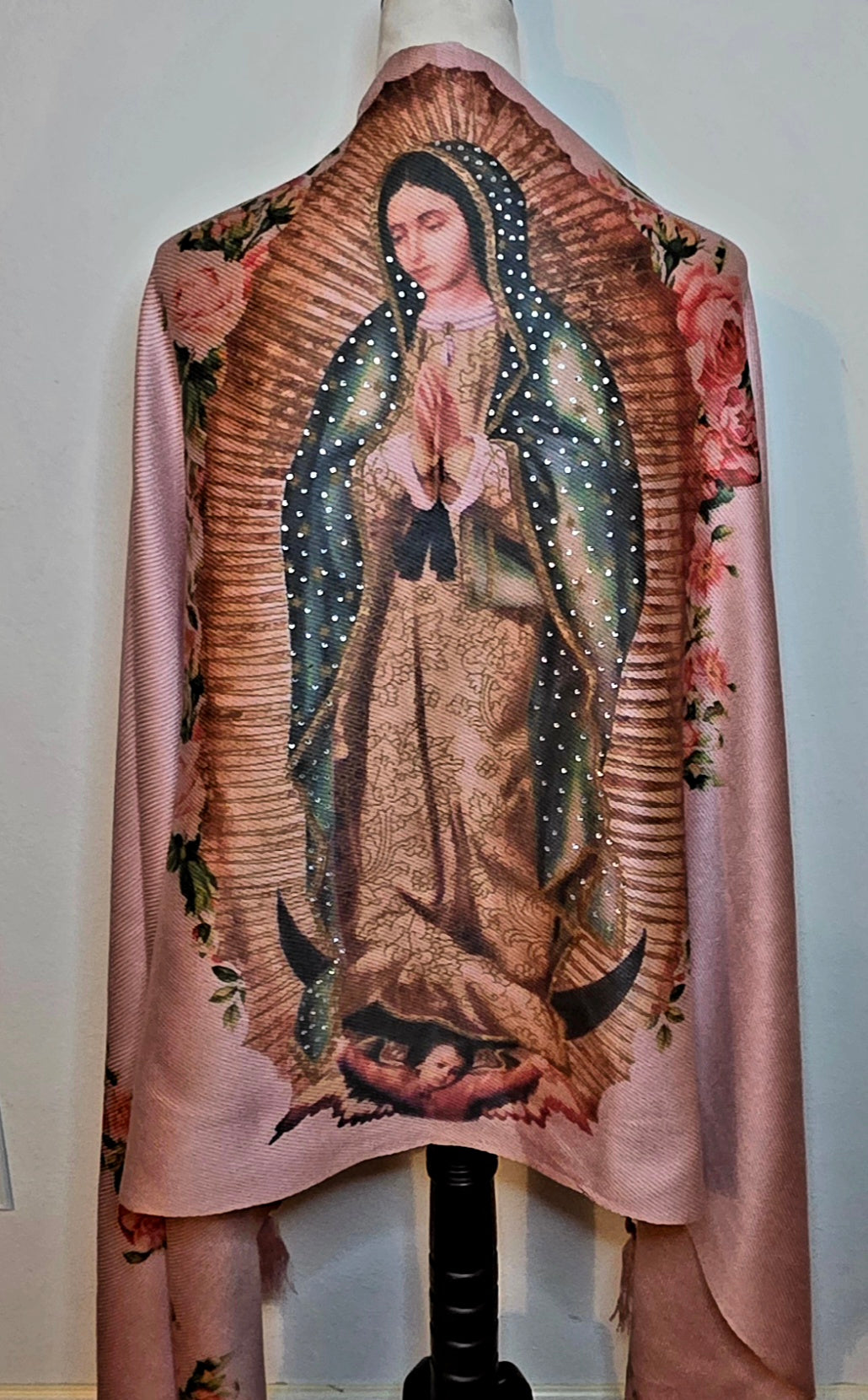 Virgin of Guadalupe Shawl with Hand-Placed Rhinstones | Handmade Mexican Rebozo, Elegant Religious Wrap