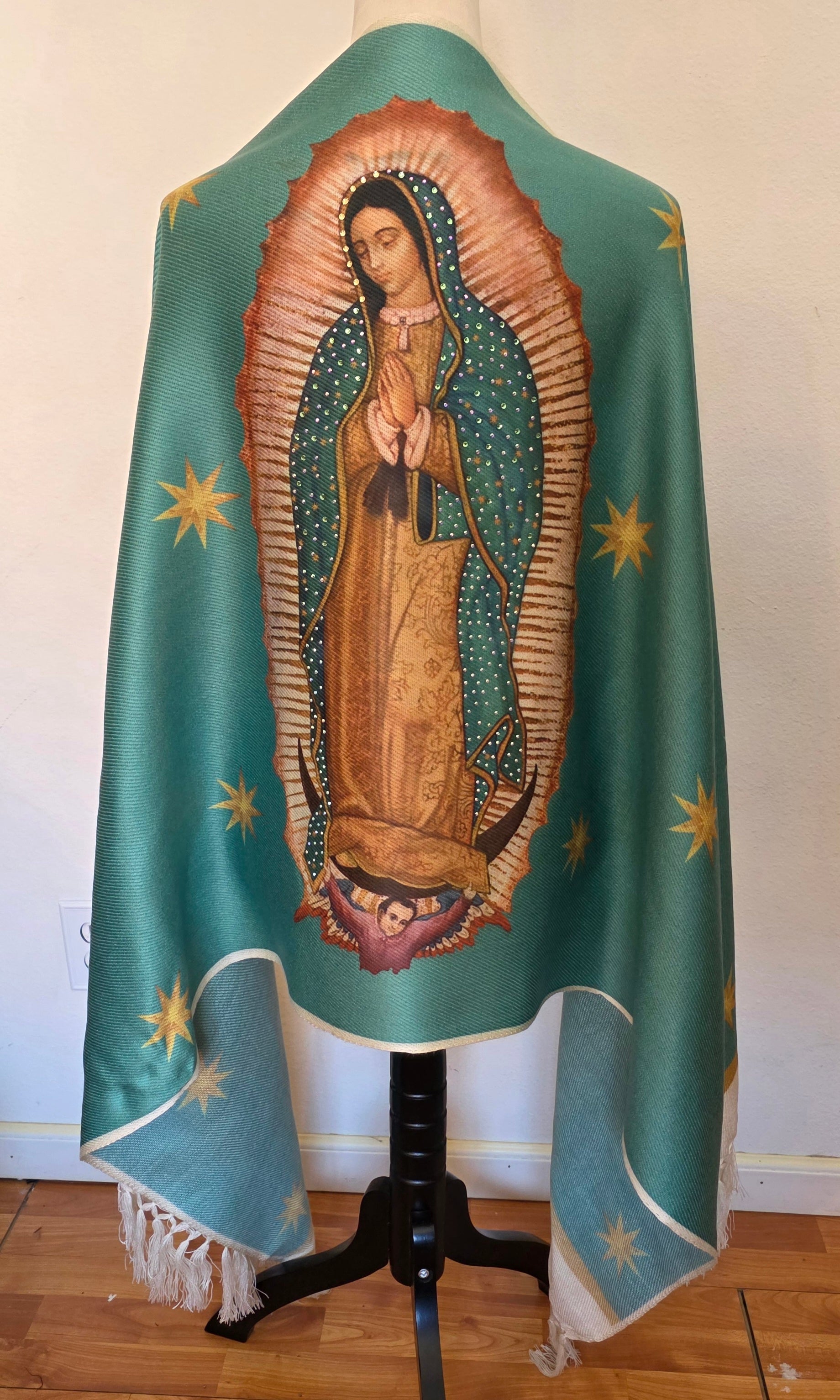 Virgin of Guadalupe Shawl with Hand-Placed Rhinstones | Handmade Mexican Rebozo, Elegant Religious Wrap