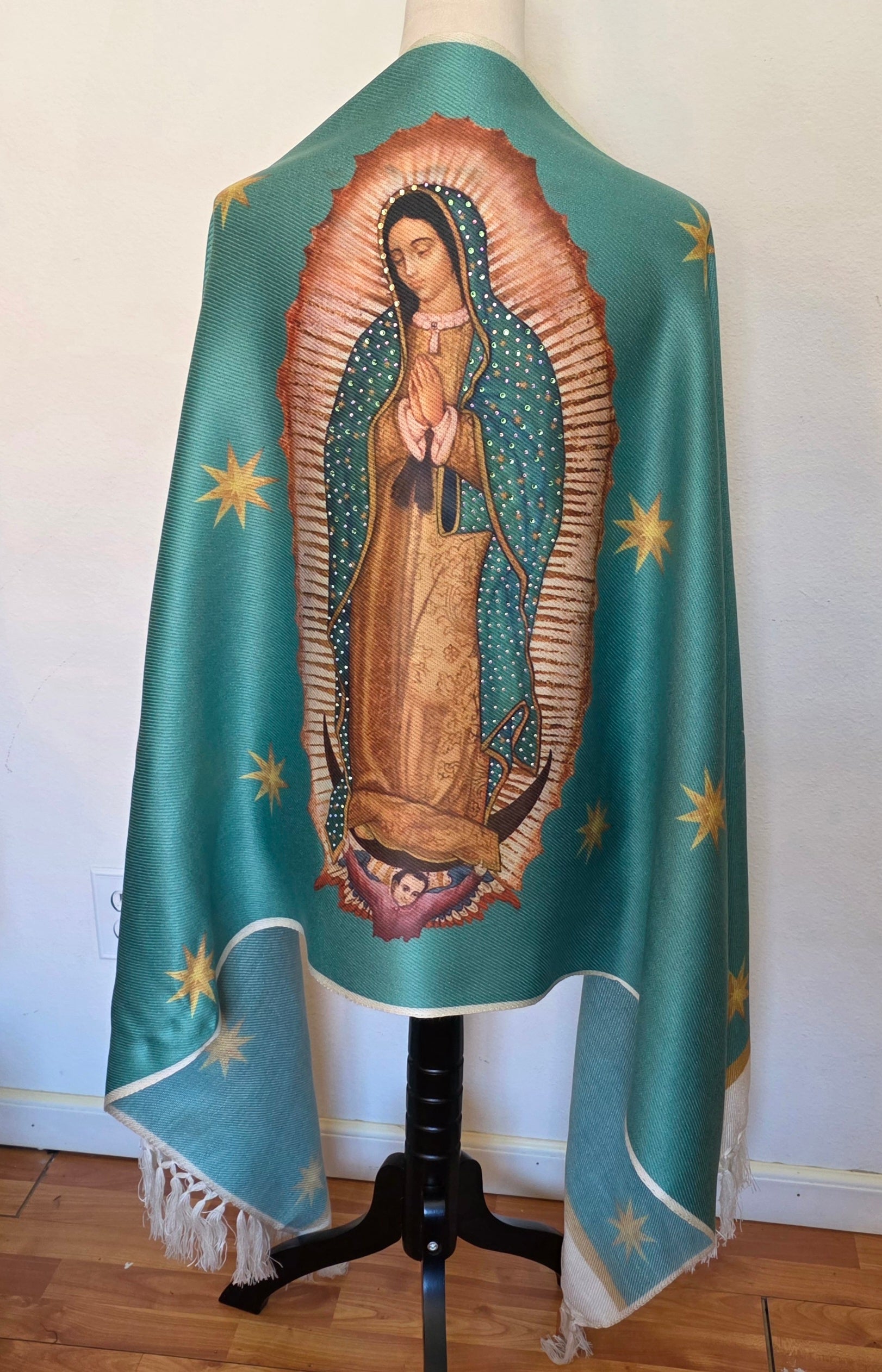 Virgin of Guadalupe Shawl with Hand-Placed Rhinstones | Handmade Mexican Rebozo, Elegant Religious Wrap