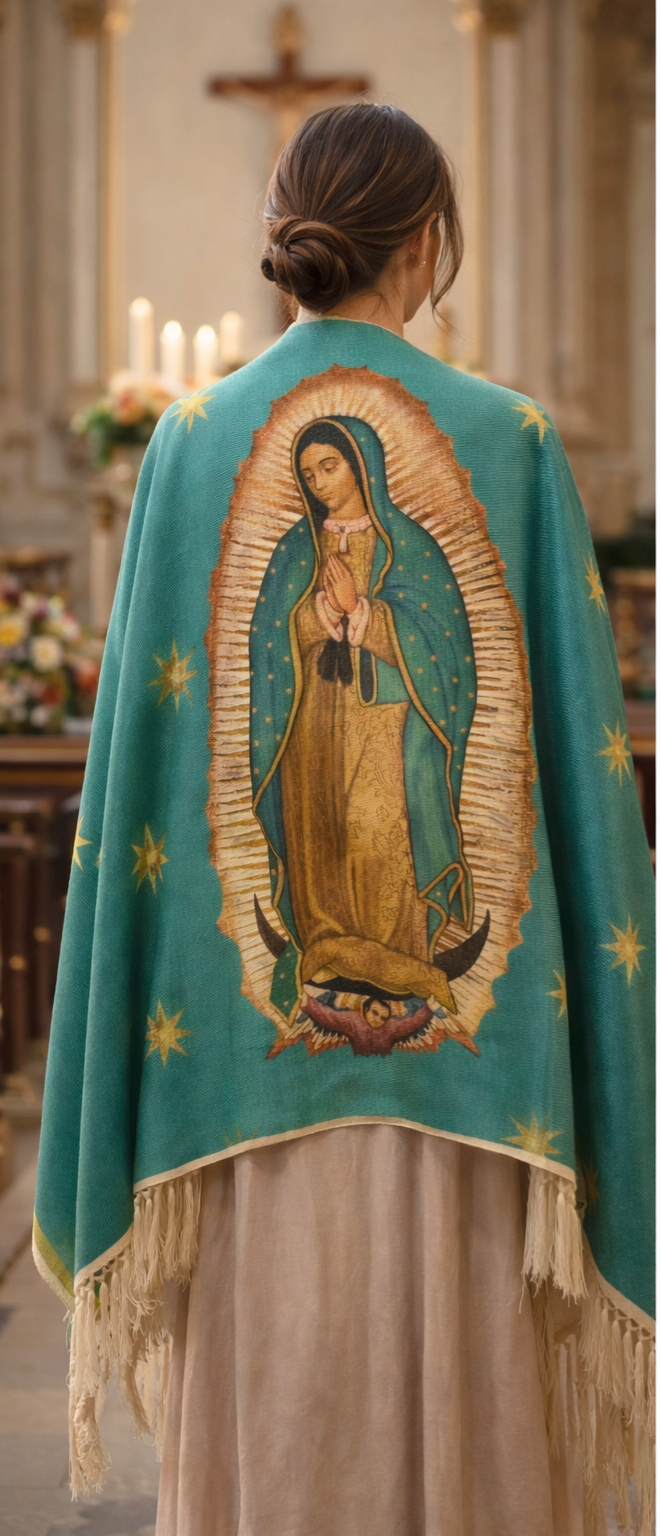 Virgin of Guadalupe Rebozo Shawl Green – Catholic Handmade Mexican Wrap | Prayer Shawl & Religious Gift