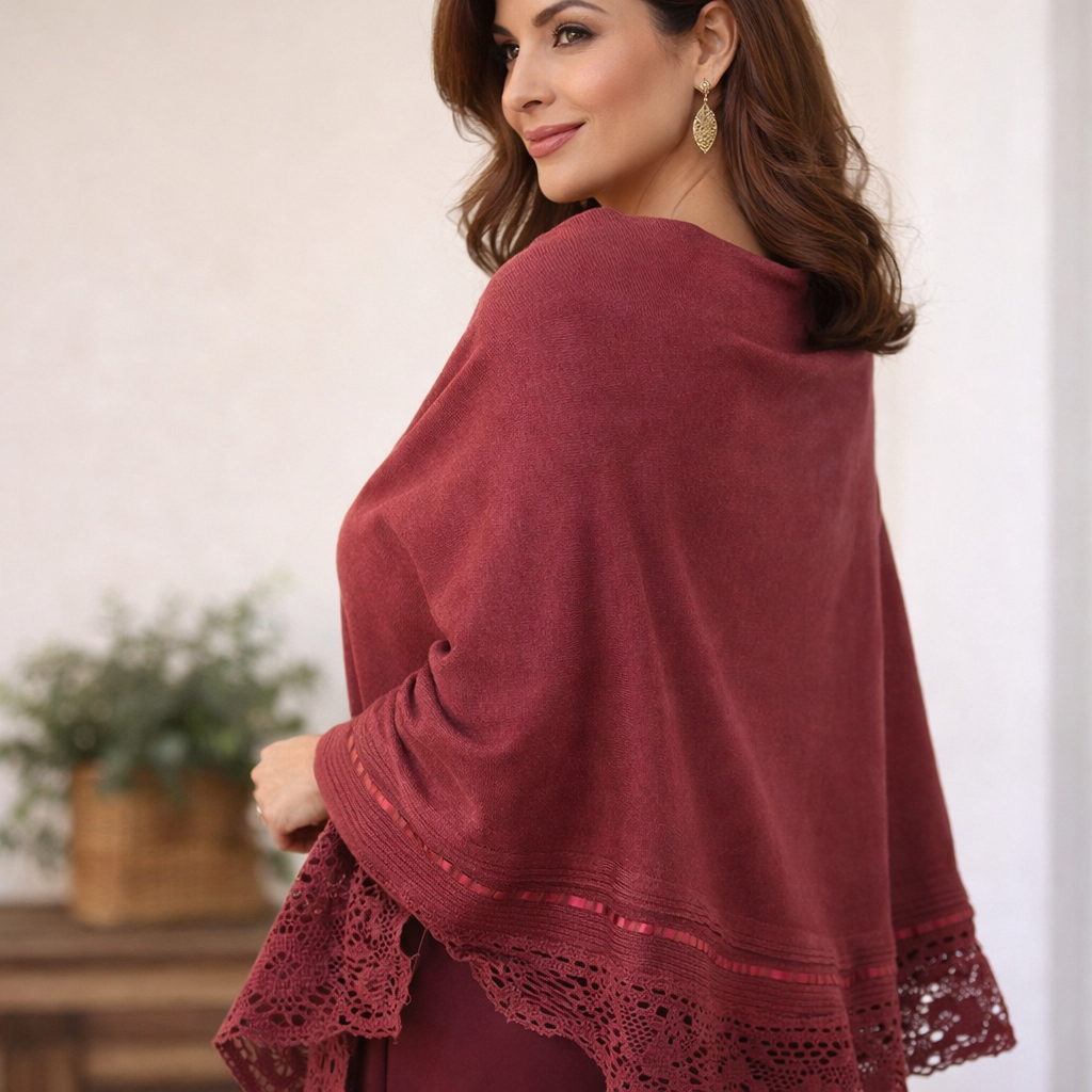 Elegant Mexican knit Shawl with Lace Trim – Handcrafted Wrap