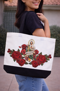 San Judas Tadeo - Saint Jude Thaddeus image with red roses 3D embroidered Apliques canvas tote.