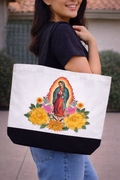 Our Lady Of Guadalupe image with 3D flower appliqués on a spacious, high-quality canvas tote bag.