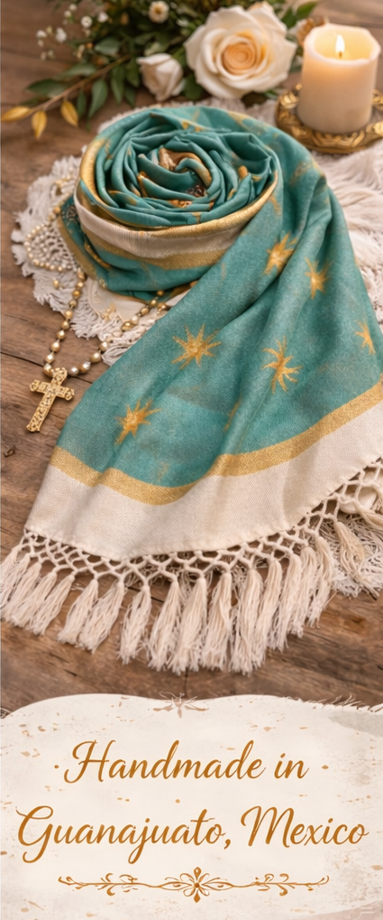 Virgin of Guadalupe Rebozo Shawl Green – Catholic Handmade Mexican Wrap | Prayer Shawl & Religious Gift
