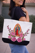 Our Lady Of Guadalupe canvas tote 3D flower appliqués
