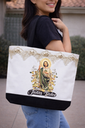 San Judas Tadeo image on canvas tote with gold Sequins appliqués on the top edge