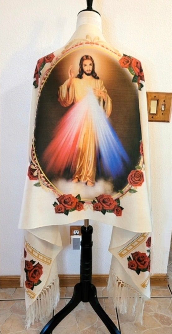 Divina Misericordia - Divine Mercy - Rebozo Shawl  – Catholic Handmade Mexican Wrap | Prayer Shawl & Religious Gift