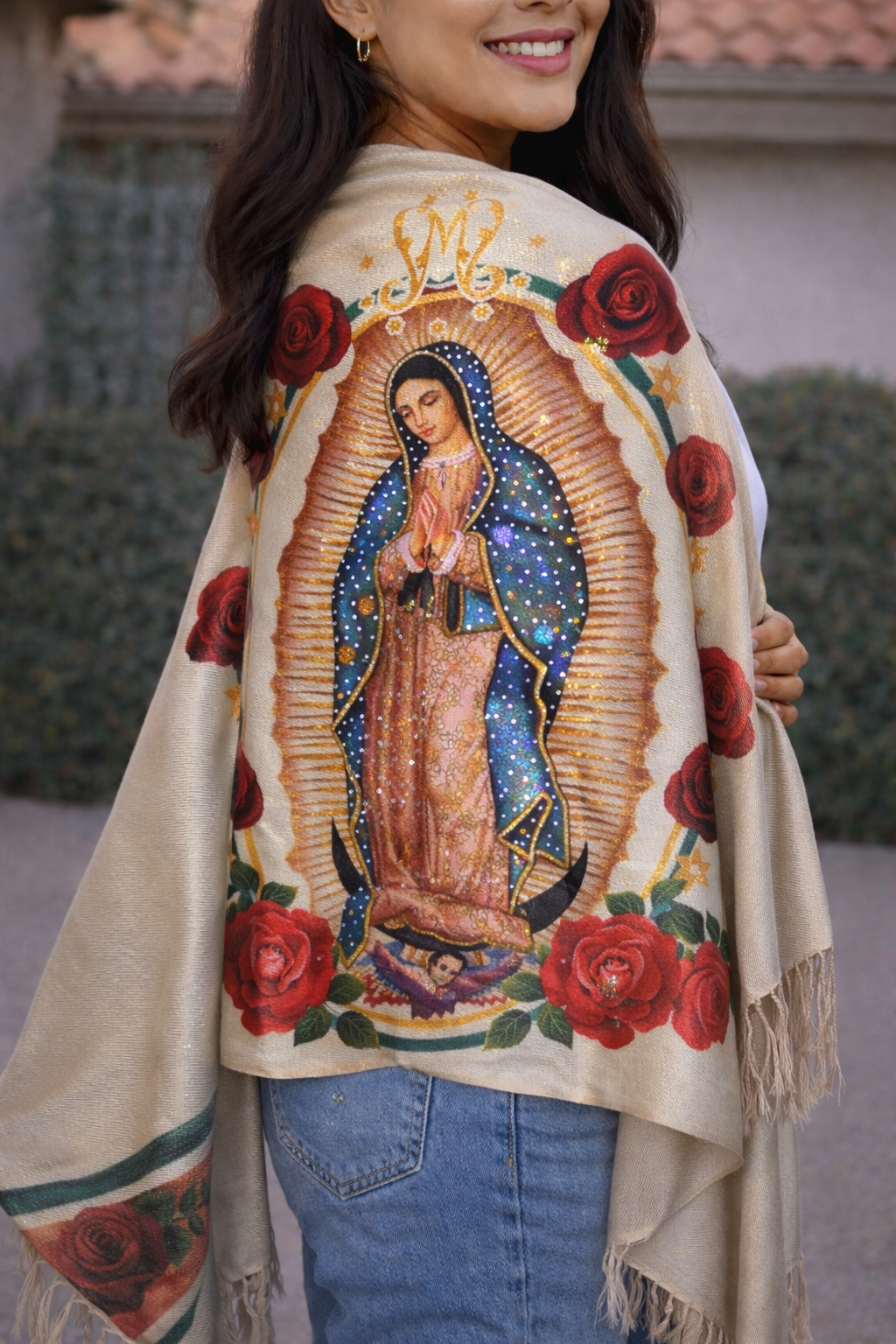 Virgin of Guadalupe Shawl with Hand-Placed Rhinstones | Handmade Mexican Rebozo, Elegant Religious Wrap