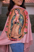 Virgin of Guadalupe Shawl with Hand-Placed Rhinstones | Handmade Mexican Rebozo, Elegant Religious Wrap