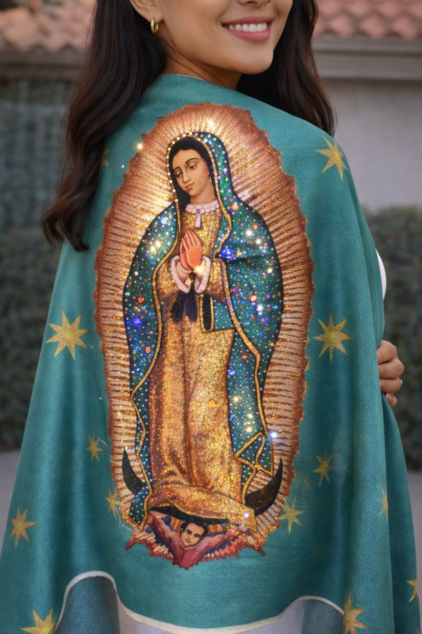 Virgin of Guadalupe Shawl with Hand-Placed Rhinstones | Handmade Mexican Rebozo, Elegant Religious Wrap