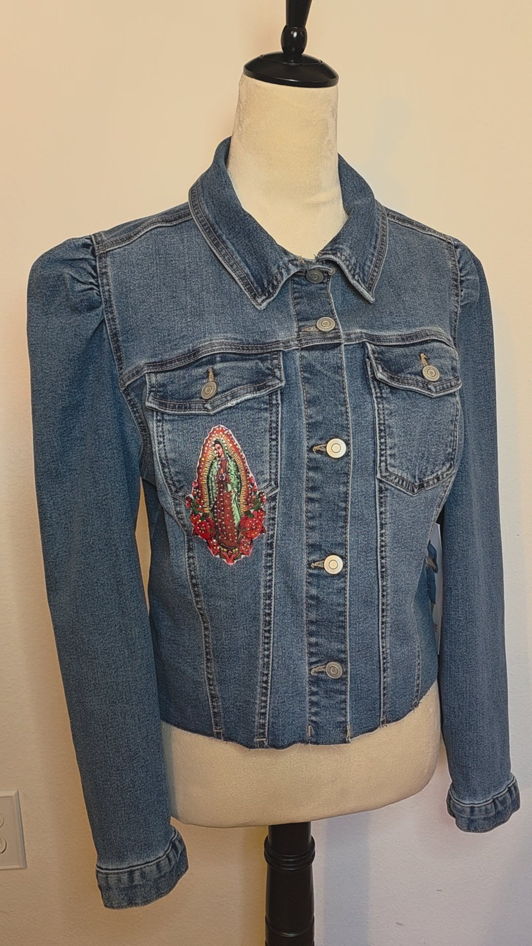 Our Lady Of Guadalupe Image with Rhinestones denim jacket size Medium stretch new with tags