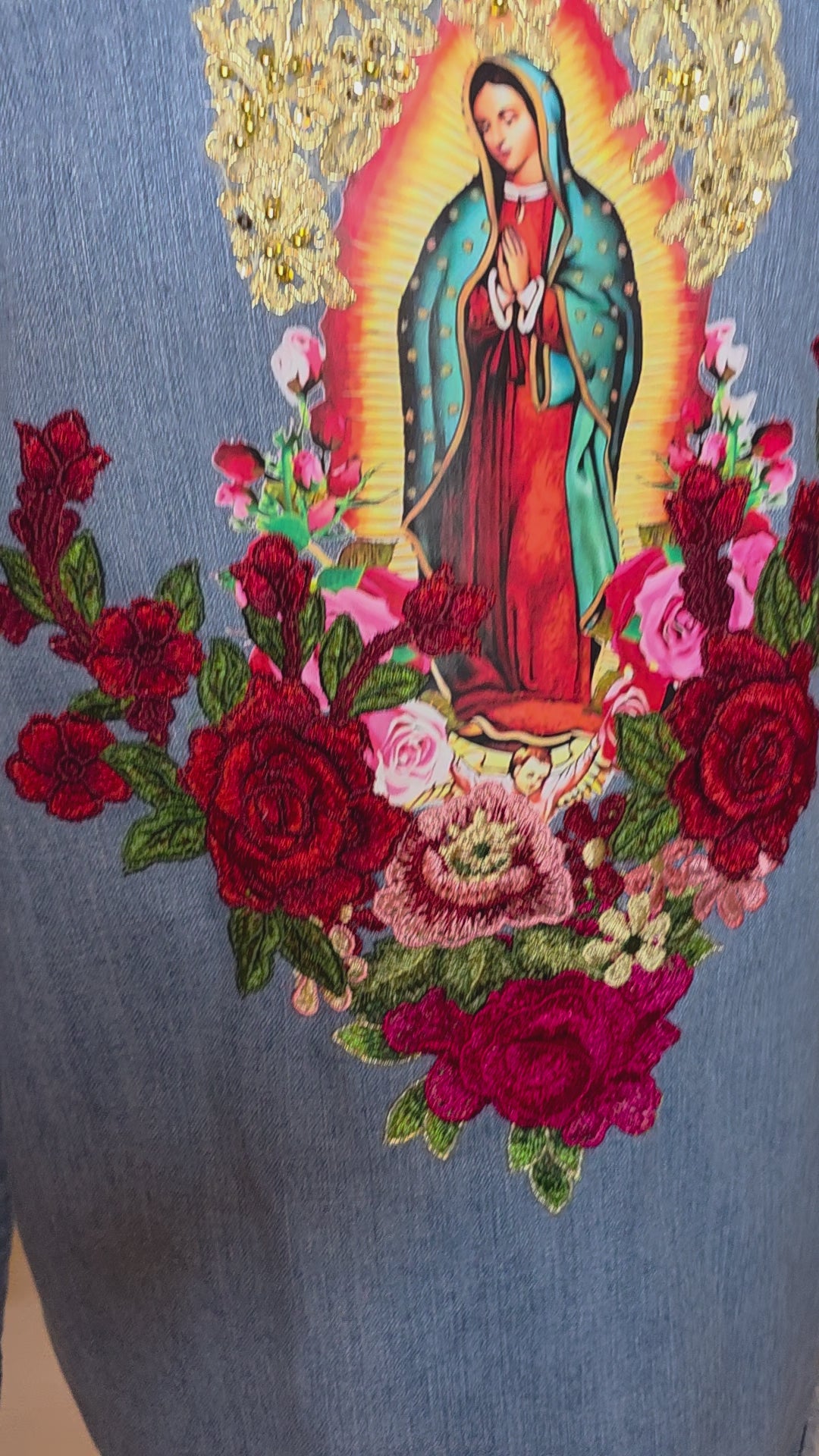 Virgen De Guadalupe Our Lady of Guadalupe denim Blue jacket Sz M/embroidery Apliques Religious Catholic