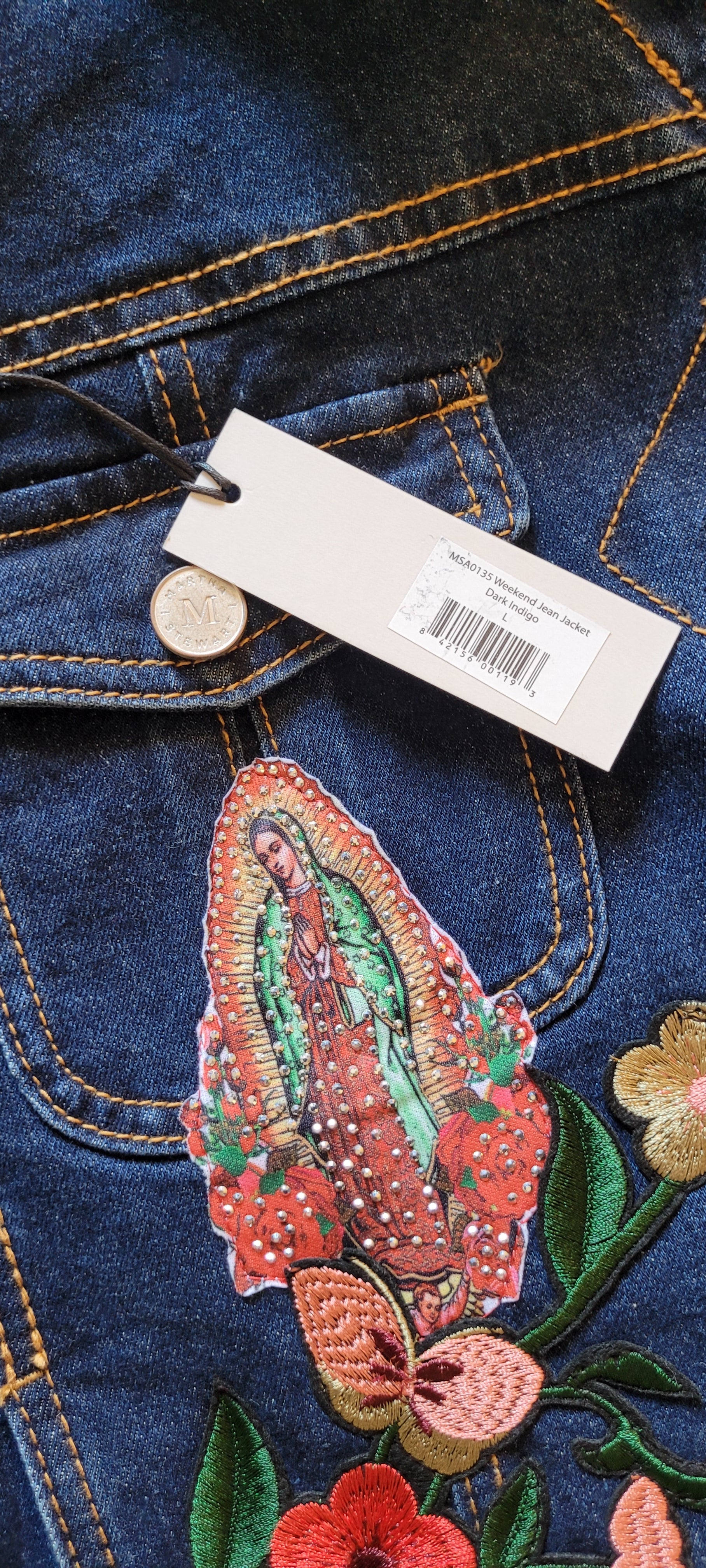 New with tags Virgen De Guadalupe denim Blue jacket with Lining Sz Large flowers  embroidered Apliques Butterfly Martha by Martha Stewart