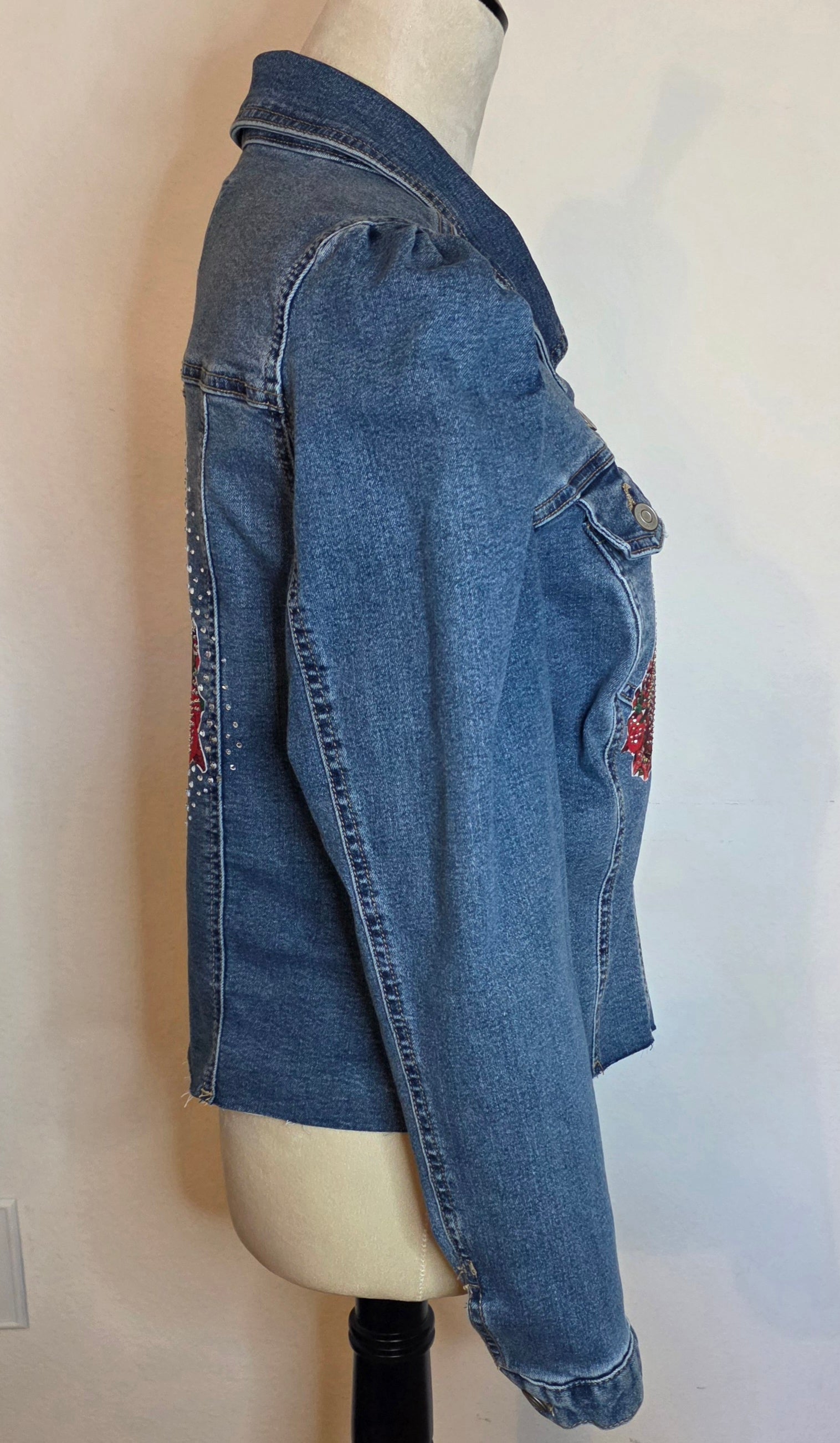 Our Lady Of Guadalupe Image with Rhinestones denim jacket size Medium stretch new with tags