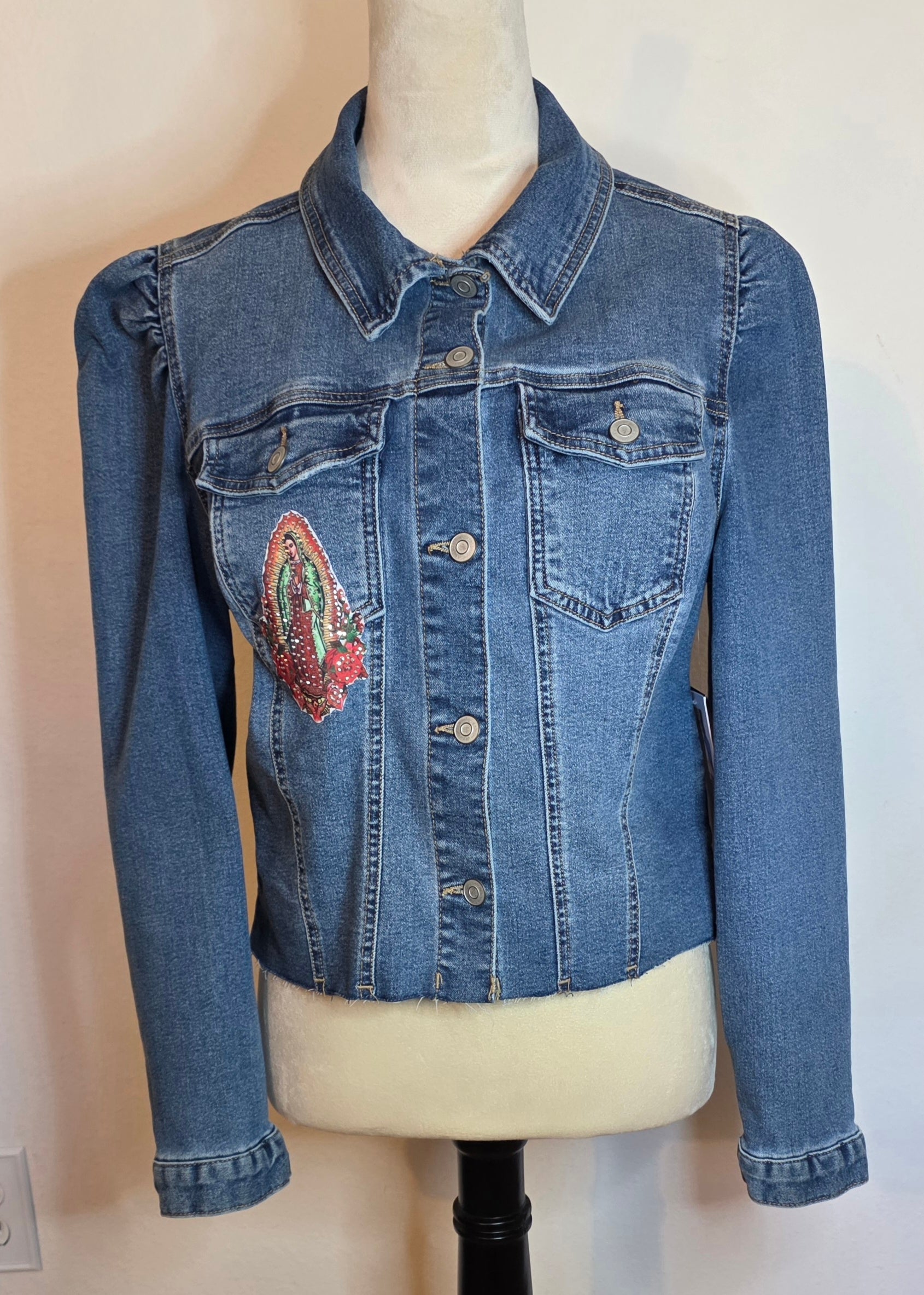 Our Lady Of Guadalupe Image with Rhinestones denim jacket size Medium stretch new with tags
