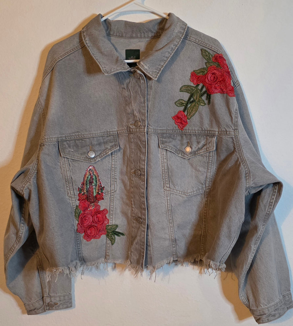 Virgen De Guadalupe / Our Lady of Guadalupe/denim Gray  jacket Sz XXL cropped/embroidered Apliques Distressed / hem Frayed /
