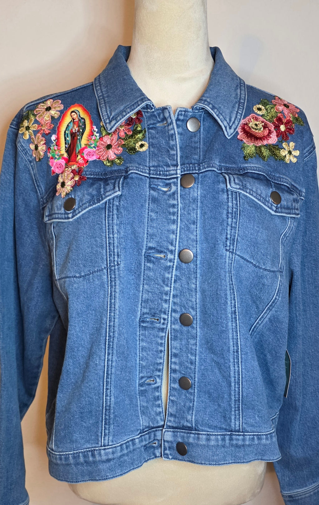 Virgen De Guadalupe new women's denim Blue jacket stretch Sz Large /embroidered 3D Apliques Rhinestones