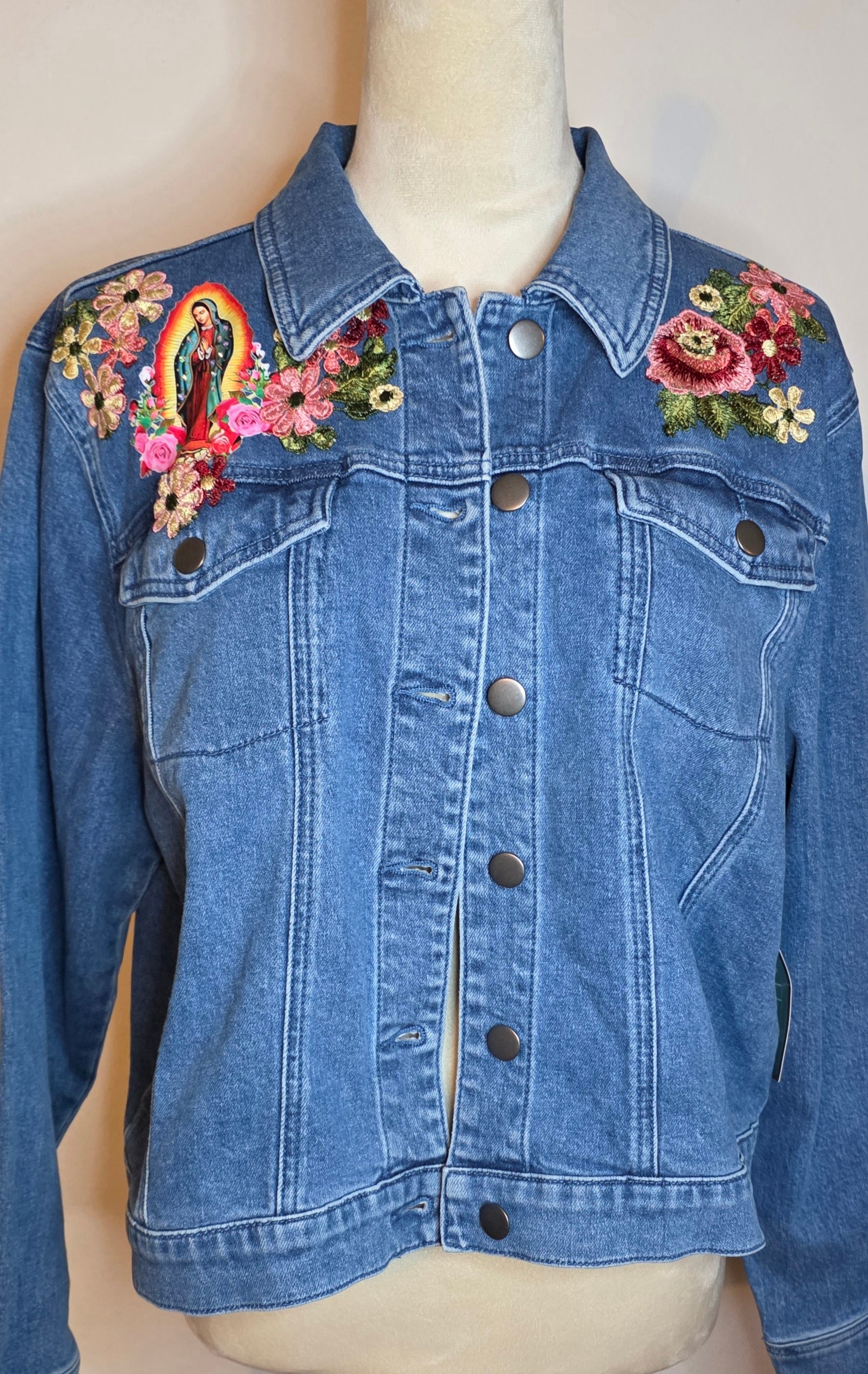 Virgen De Guadalupe new women's denim Blue jacket stretch Sz Large /embroidered 3D Apliques Rhinestones