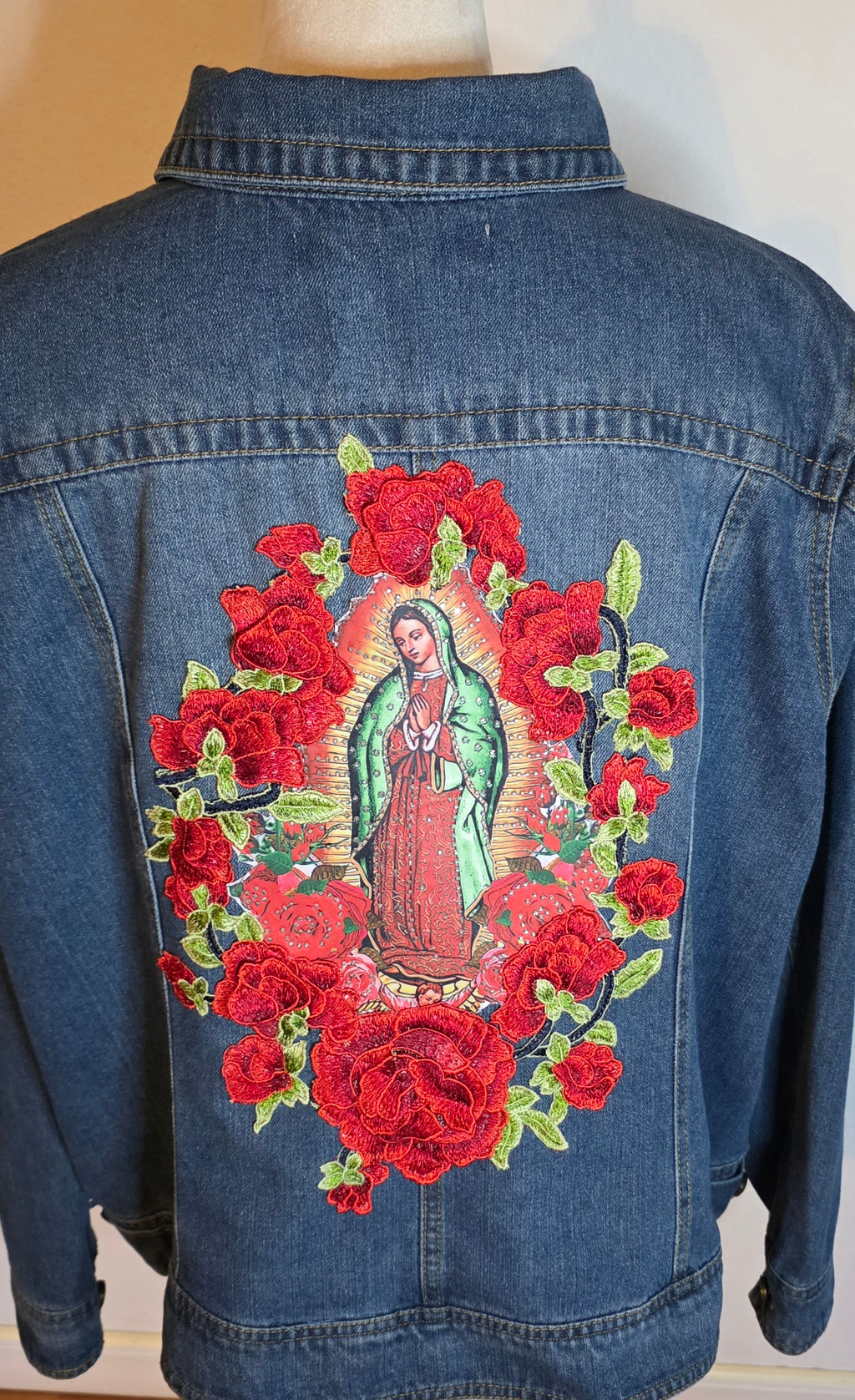 Virgen De Guadalupe denim Blue jacket Sz 3X /embroidered 3D Apliques with Rhinestones