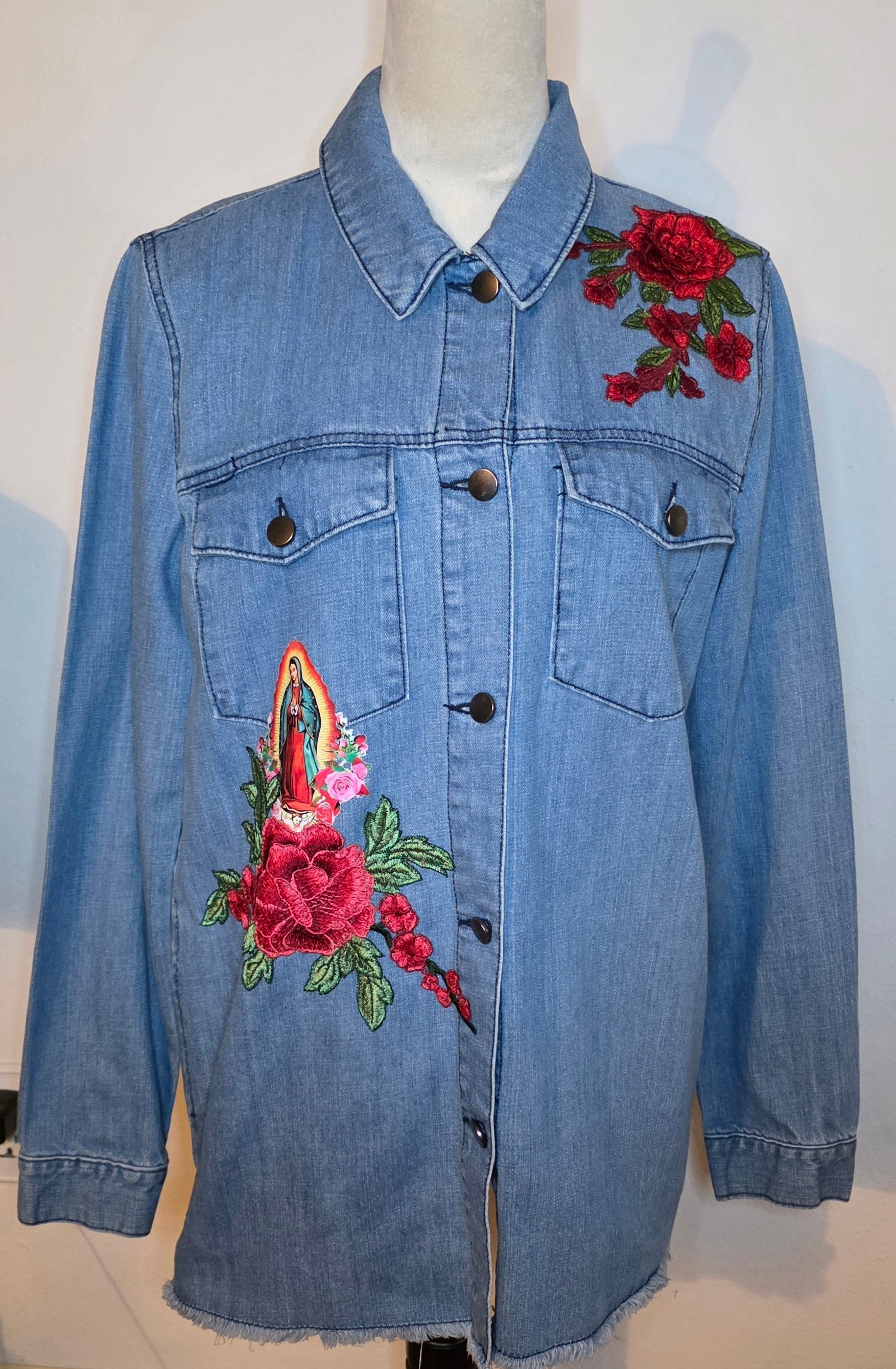 Virgen De Guadalupe Our Lady of Guadalupe denim Blue jacket Sz M/embroidery Apliques Religious Catholic