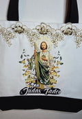 San Judas Tadeo image on canvas tote with gold Sequins appliqués on the top edge