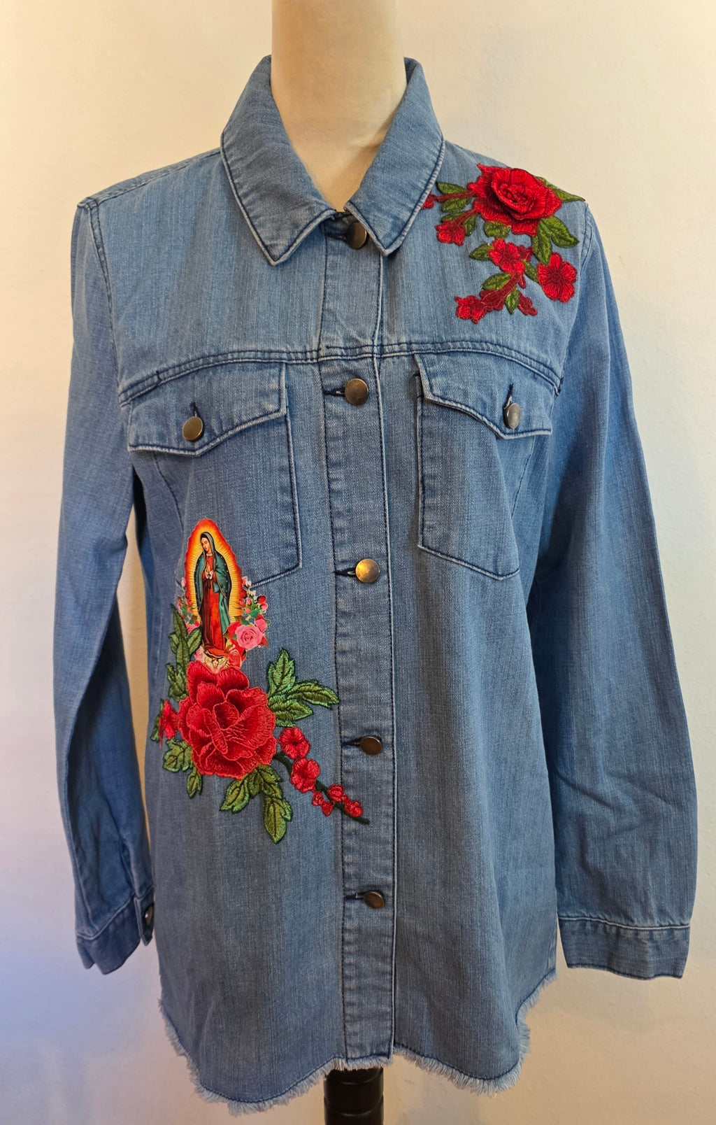 Virgen De Guadalupe Our Lady of Guadalupe denim Blue jacket Sz M/embroidery Apliques Religious Catholic