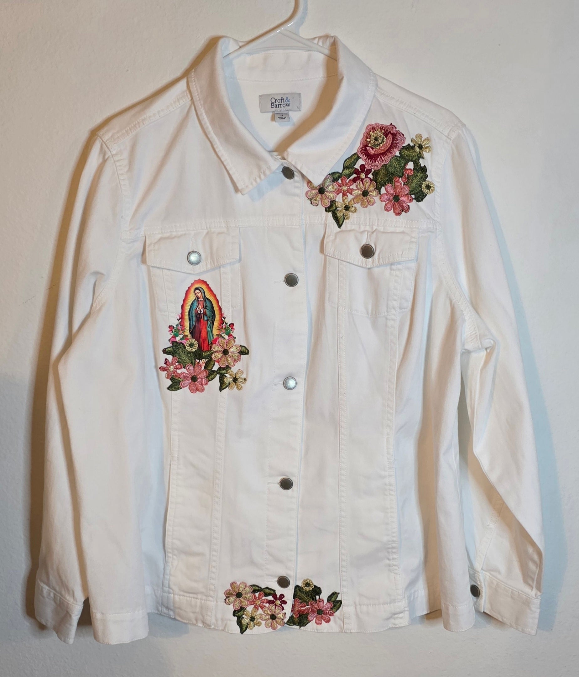 Virgen de Guadalupe/ Our Lady of Guadalupe denim white Jacket with embroidered Apliques women's plus size 1X