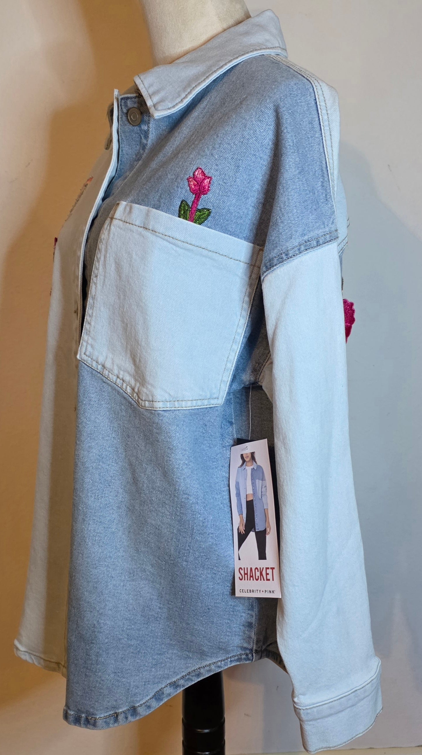 Virgen de Guadalupe new denim shacket / long jacket size Small bi-color stretch / button-up / unique piece / round hem.