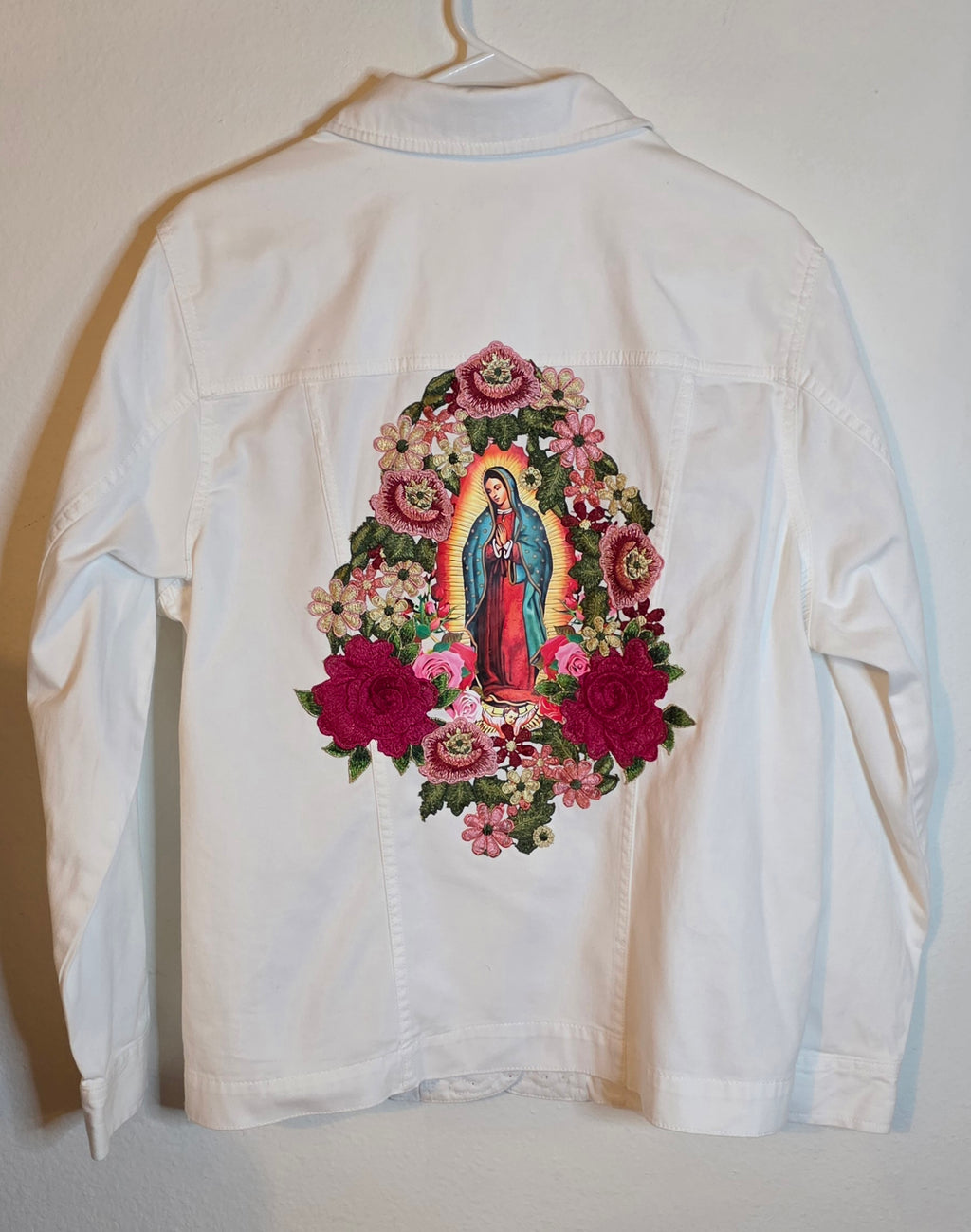 Virgen de Guadalupe/ Our Lady of Guadalupe denim white Jacket with embroidered Apliques women's plus size 1X