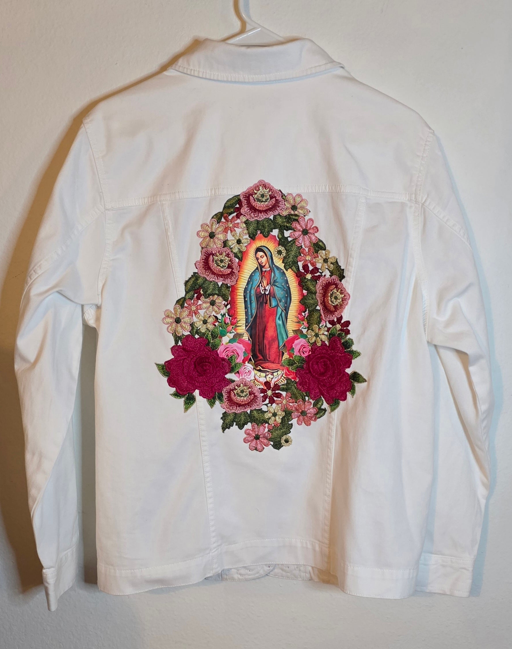 Virgen de Guadalupe/ Our Lady of Guadalupe denim white Jacket with embroidered Apliques women's plus size 1X