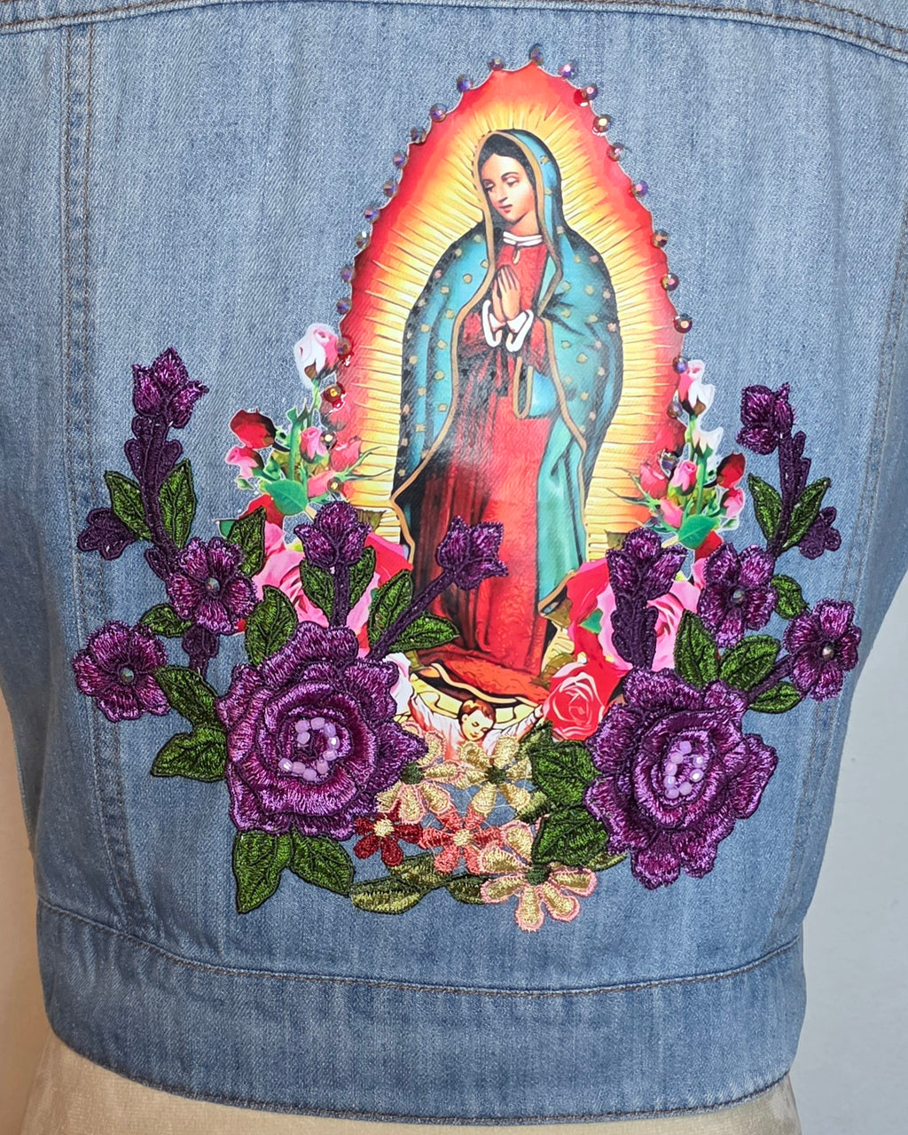 Virgen de Guadalupe denim women's vest size Large with embroidered 3D Apliques and rhinestones