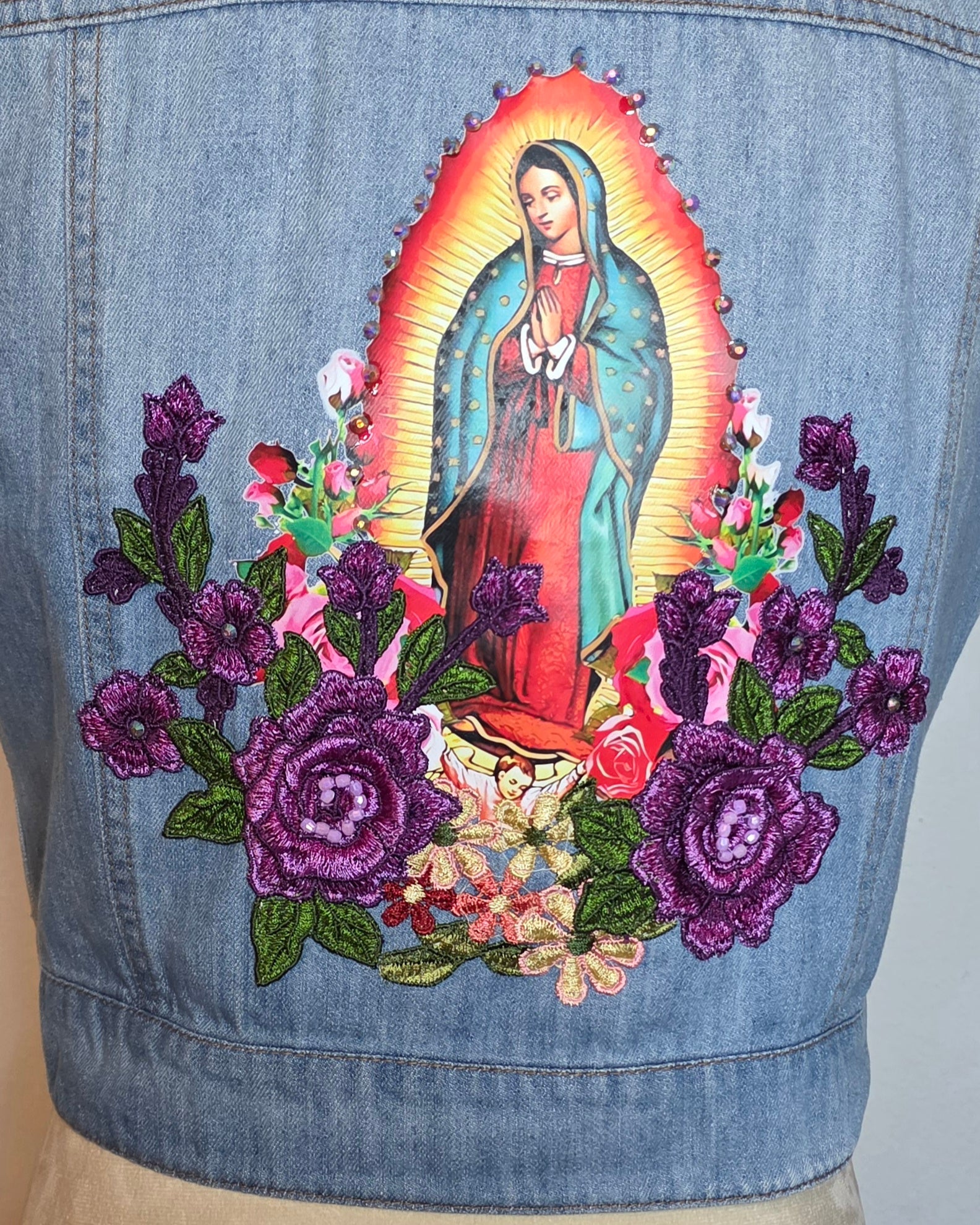 Virgen de Guadalupe denim women's vest size Large with embroidered 3D Apliques and rhinestones