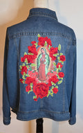 Virgen De Guadalupe denim Blue jacket Sz 3X /embroidered 3D Apliques with Rhinestones