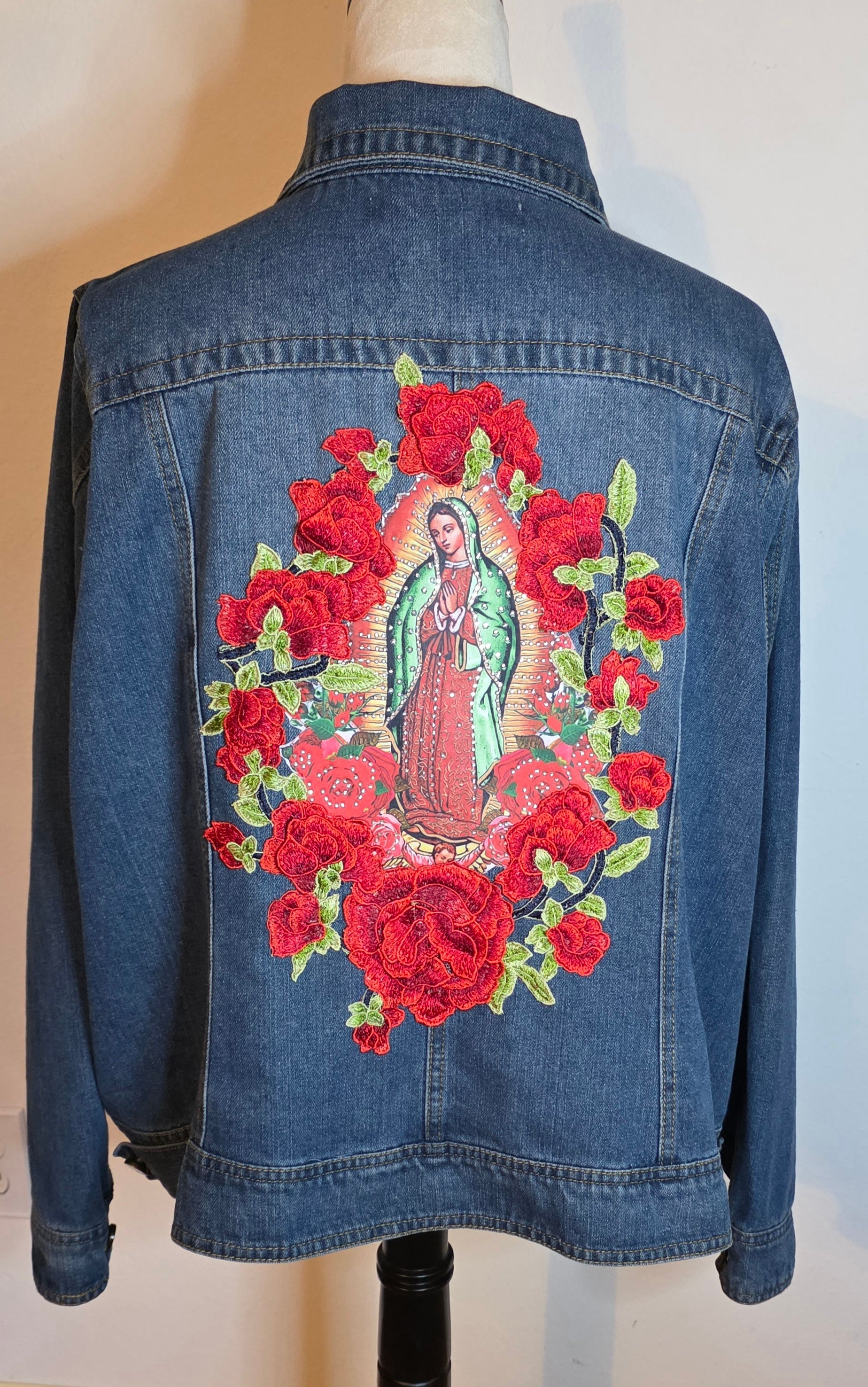 Virgen De Guadalupe denim Blue jacket Sz 3X /embroidered 3D Apliques with Rhinestones