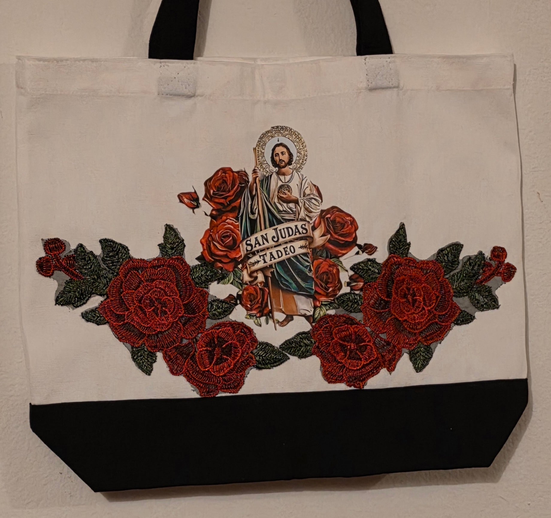 San Judas Tadeo - Saint Jude Thaddeus image with red roses 3D embroidered Apliques canvas tote.