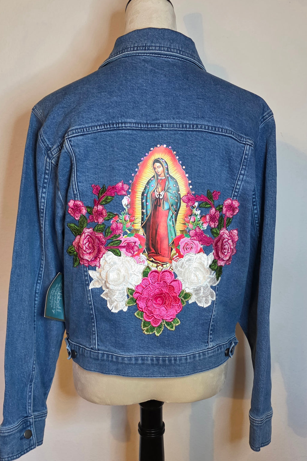 Virgen De Guadalupe new women's denim Blue jacket stretch Sz Large /embroidered 3D Apliques Rhinestones