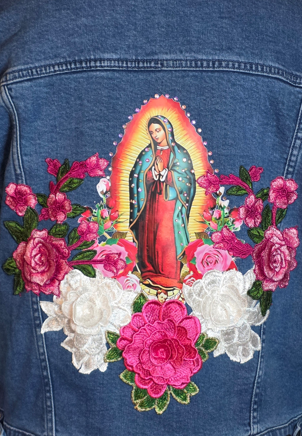 Virgen De Guadalupe new women's denim Blue jacket stretch Sz Large /embroidered 3D Apliques Rhinestones
