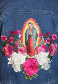 Virgen De Guadalupe new women's denim Blue jacket stretch Sz Large /embroidered 3D Apliques Rhinestones