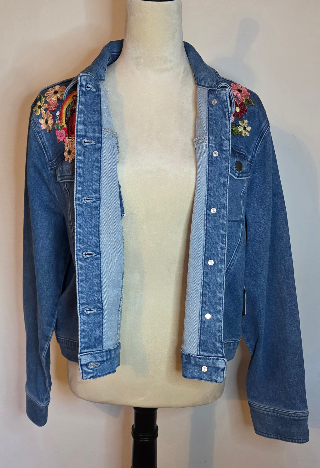 Virgen De Guadalupe new women's denim Blue jacket stretch Sz Large /embroidered 3D Apliques Rhinestones