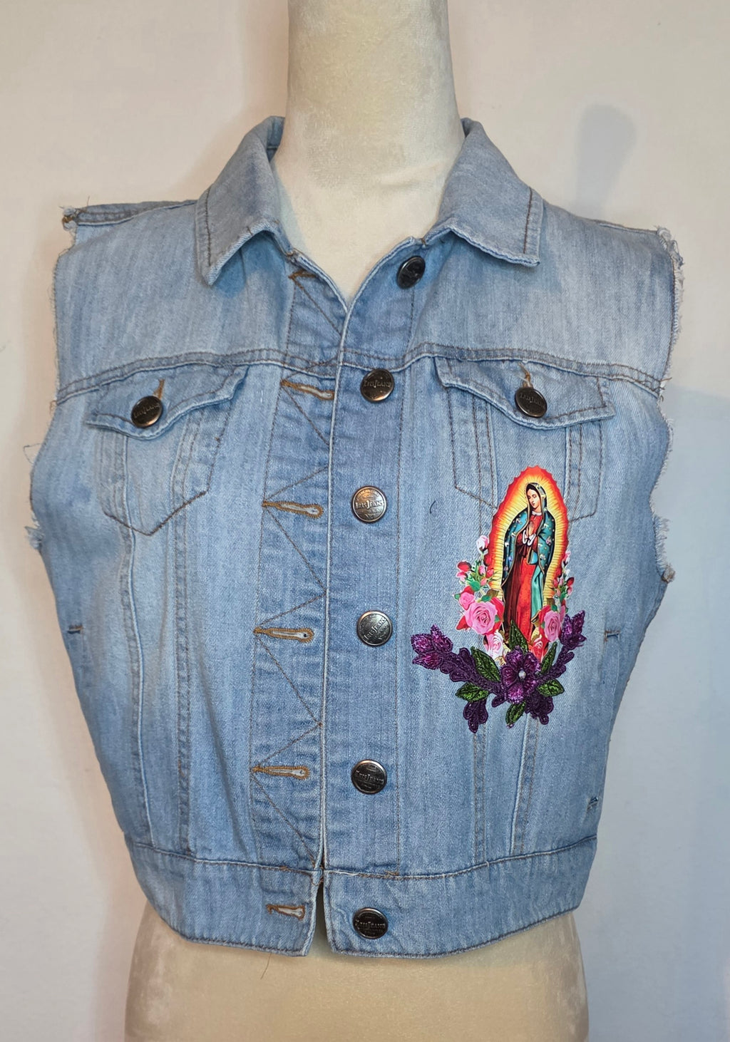 Virgen de Guadalupe denim women's vest size Large with embroidered 3D Apliques and rhinestones