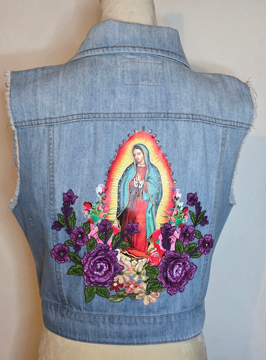Virgen de Guadalupe denim women's vest size Large with embroidered 3D Apliques and rhinestones