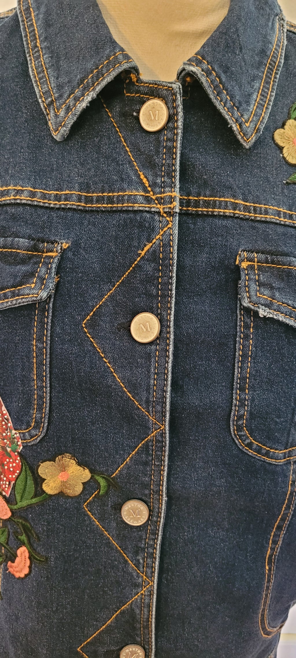 New with tags Virgen De Guadalupe denim Blue jacket with Lining Sz Large flowers  embroidered Apliques Butterfly Martha by Martha Stewart