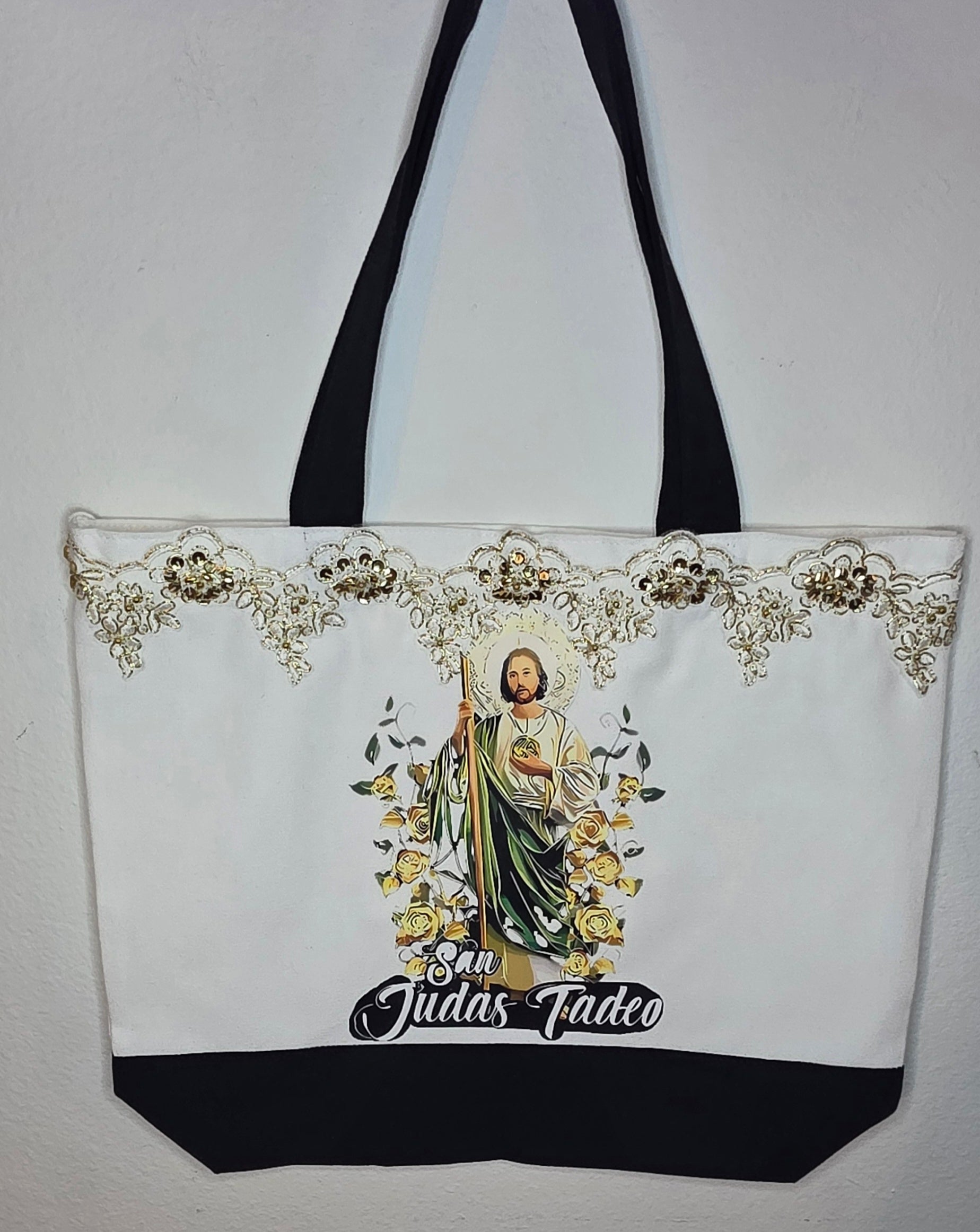 San Judas Tadeo image on canvas tote with gold Sequins appliqués on the top edge