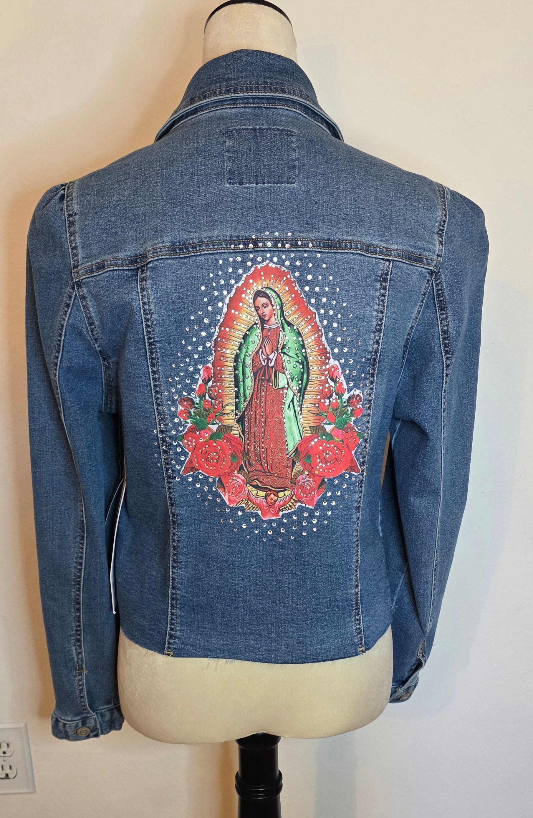 Our Lady Of Guadalupe Image with Rhinestones denim jacket size Medium stretch new with tags